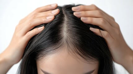 Fototapeta premium Close-up of an Asian woman with her hands on the back of her head, showing hair loss in the top part of her black hairstyle, against a white background.