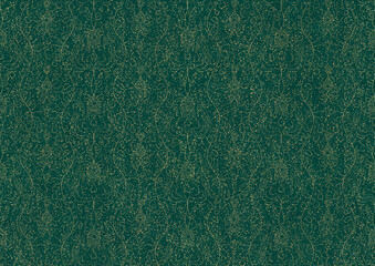 Hand-drawn unique abstract symmetrical seamless gold ornament and splatters of golden glitter on a dark cold green background. Paper texture. Digital artwork, A4. (pattern: p13-1c)