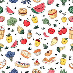 a variety of colorful fruits and pastries, including watermelon, strawberries, bananas, apples, oranges, and cakes, all set against a white background.