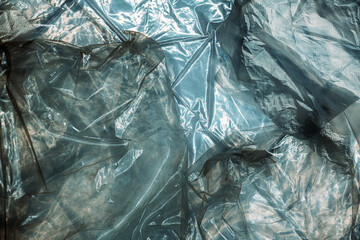 Texture of glossy polyethylene plastic sheet material crumpled and wrinkled