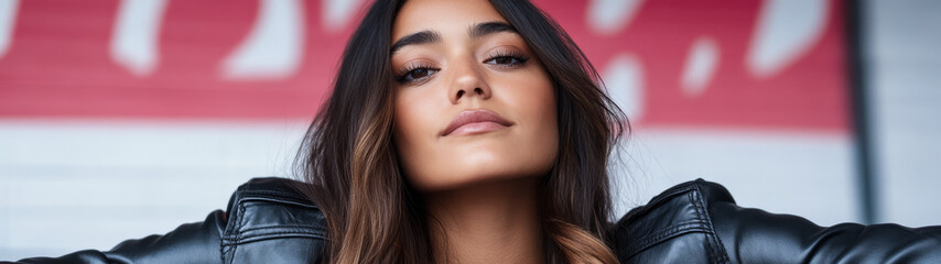 Fototapeta premium Portrait of a confident woman wearing a leather jacket in an urban setting during daytime