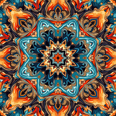 a symmetrical design with a central star-like shape surrounded by intricate floral and leaf-like patterns in shades of blue, orange, and brown.