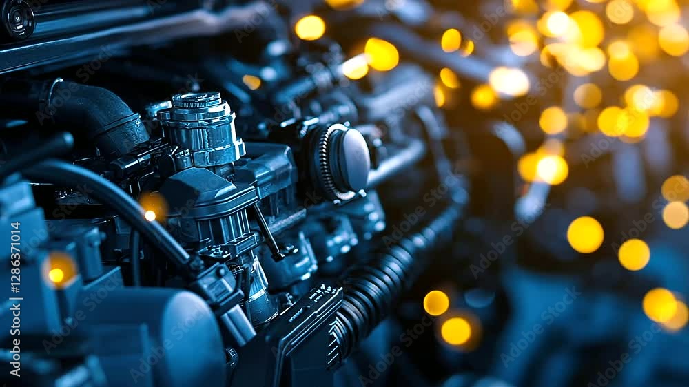 Aufkleber a close-up of a car engine in a workshop, with a focus on intricate mechanical components like the p