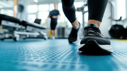 Fototapeta premium Close-Up View of a Black Running Shoe on Blue Gym Floor with Person Exercising in Background