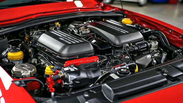 A close-up of a car engine in the workshop with focus on the turbocharger, intercooler, and intake manifold, showcasing the advanced mechanical engineering