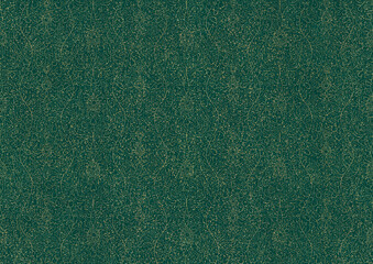 Hand-drawn unique abstract symmetrical seamless gold ornament and splatters of golden glitter on a dark cold green background. Paper texture. Digital artwork, A4. (pattern: p13-2c)
