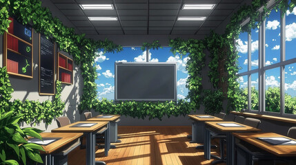 Fototapeta premium Bright Classroom with Natural Decor and Large Windows Showcasing Clear Sky and Green Plants for Learning Environment