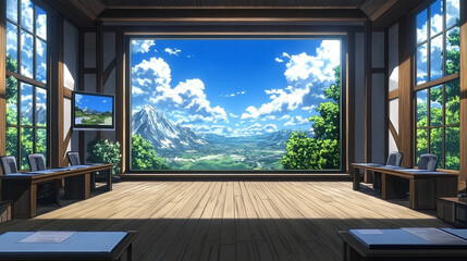 Fototapeta premium Serene Conference Room with Mountain View Featuring Large Windows and Wooden Interior Design in Bright and Natural Lighting Setting