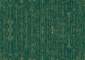 Hand-drawn unique abstract symmetrical seamless gold ornament and splatters of golden glitter on a dark cold green background. Paper texture. Digital artwork, A4. (pattern: p14a)