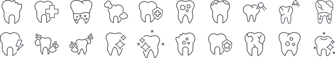 Teeth Line Icon Set. Outline Signs for Graphic and Web Design, Apps, Adverts, Various Cards
