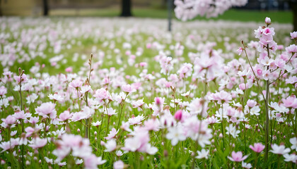 Obraz premium Serene Spring Meadow Delicate Pink Blossoms Peaceful Nature Scene
