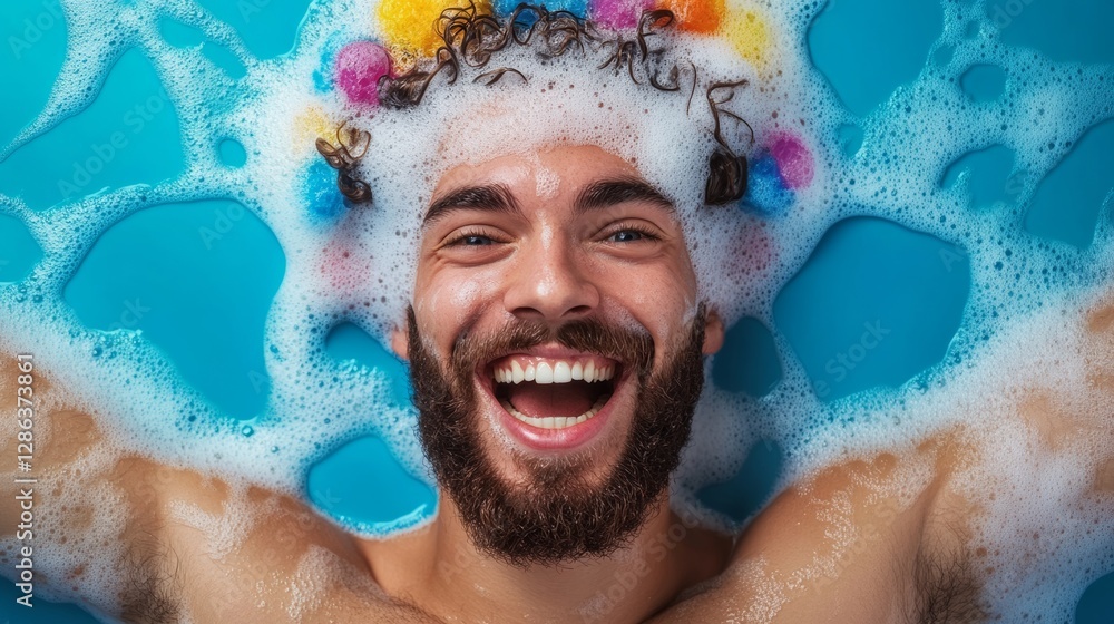 Poster man with a beard is in a bathtub with bubbles and a flower crown on his head. he is smiling and he i