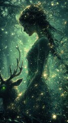 Fantasy Woman with Deer in Enchanted Forest Glows with Magic