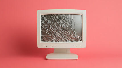 Damaged Retro Monitor Display: A vintage computer monitor with a shattered screen, isolated against a vibrant coral background. Retro tech failure.