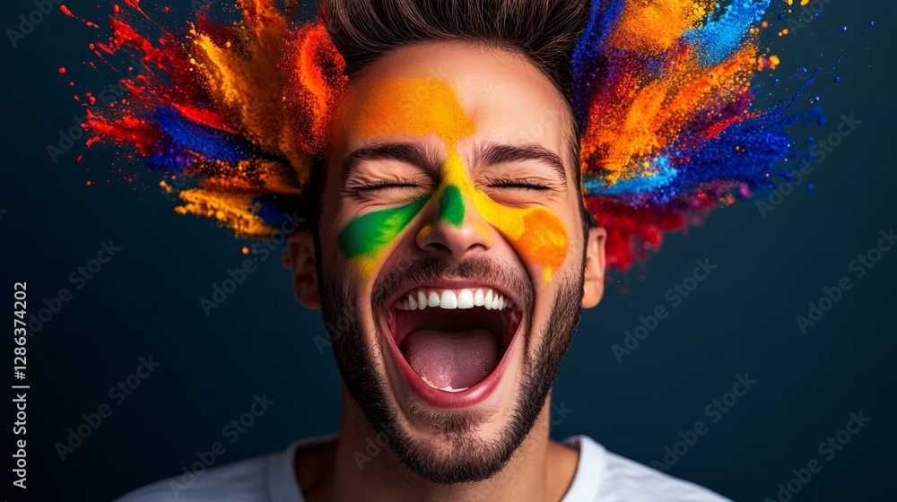 Poster man with a colorful paint job on his face is smiling and laughing. concept of joy and playfulness, a