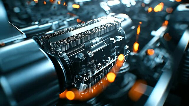 A high-definition close-up of a car engine, showing the details of the cylinder head, timing chain, and various metal components, all reflecting the meticulous design of automotive