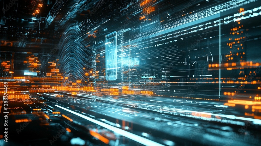 Poster abstract digital data stream, glowing lines, code, and formulas in a futuristic cyberspace.