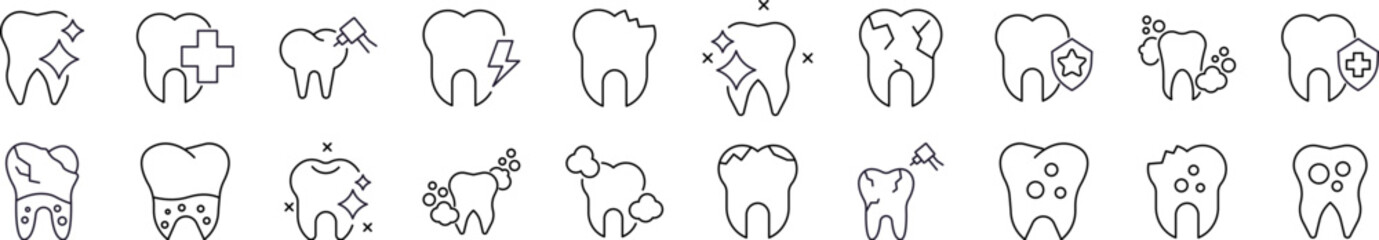 Teeth Thin Line Icon Set. Outline Signs for Graphic and Web Design, Apps, Adverts, Various Cards