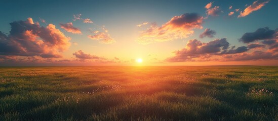 Fototapeta premium Sunset over a vast, grassy field.