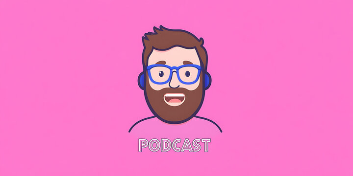 Podcast host avatar with a warm smile, wearing glasses and headphones on a vibrant pink background. Perfect for podcast branding and visual content.