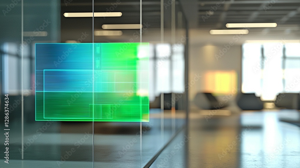 Poster abstract digital interface displayed on glass partition in modern office.