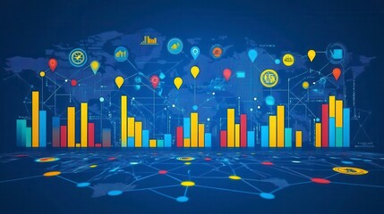 Global business data analysis, network connections, world map background