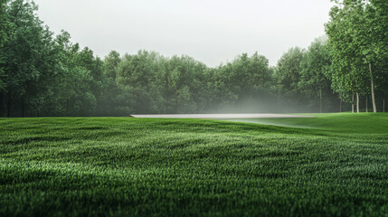 Obraz premium Lush green landscape with fog and trees in the early morning light near a serene water body