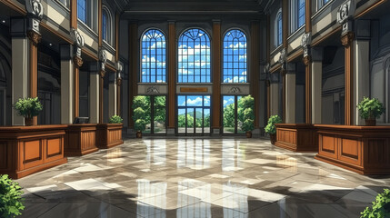 Fototapeta premium Spacious Elegant Lobby with Grand Windows and Natural Light Highlighting Marble Flooring and Lush Greenery in a Modern Architectural Style