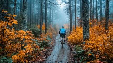 Obraz premium Mountain Biking Through Autumn Forest Trail with Foggy Weather Conditions