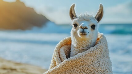 A stuffed llama plushie wrapped in a fuzzy burrito blanket looking snug and adorable on beach background
