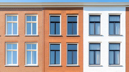 Fototapeta premium Facade of buildings with windows, exhibiting brick and painted surfaces under a clear sky, showing architectural diversity and symmetry.