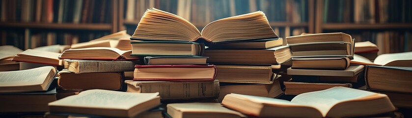 Fototapeta premium Pile of open books with educational content, vibrant learning backdrop, books with notes, pens, and study tools, warm, inviting classroom atmosphere, hyperrealistic, 8K sharpness