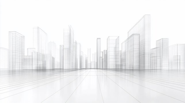 Architectural line drawing of a modern city skyline in a minimalist style on a white background