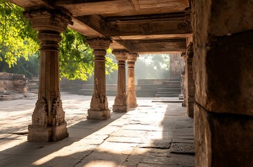 Obraz premium Sunlit Ancient Pillars of South Indian Temple Ruins
