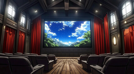Fototapeta premium Cozy private cinema interior with plush seating and large screen displaying vibrant scenic landscape under blue sky and white clouds