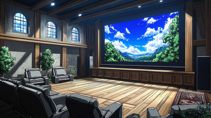 Fototapeta premium Luxurious Home Theater Interior with Large Screen Displaying Scenic Landscape and Elegant Seating Arrangement Surrounded by Warm Wood Accents