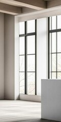 Fototapeta premium Modern interior with large windows offering natural light in a minimalistic space