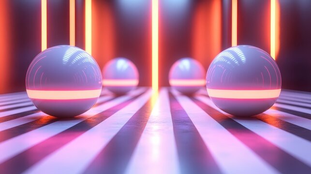 Glowing spheres on striped floor, neon lights