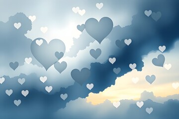 Surreal blue cloudy sky with floating transparent hearts. Representing hope, dreams, emotional freedom in conceptual art