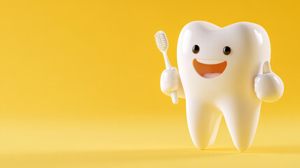 Cartoon tooth character giving thumbs up holding toothbrush on bright yellow background dental care concept