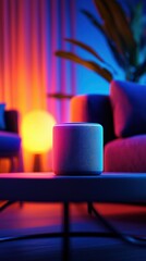 Smart Home Device on a Coffee Table in a Cozy Living Room with Vibrant Lighting