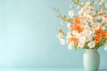 Naklejka premium Elegant floral arrangement with white and orange blossoms in pastel blue vase minimalistic decor style