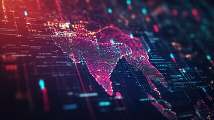 Obraz premium Digital World Map Visualization with Neon Colors and Data Patterns