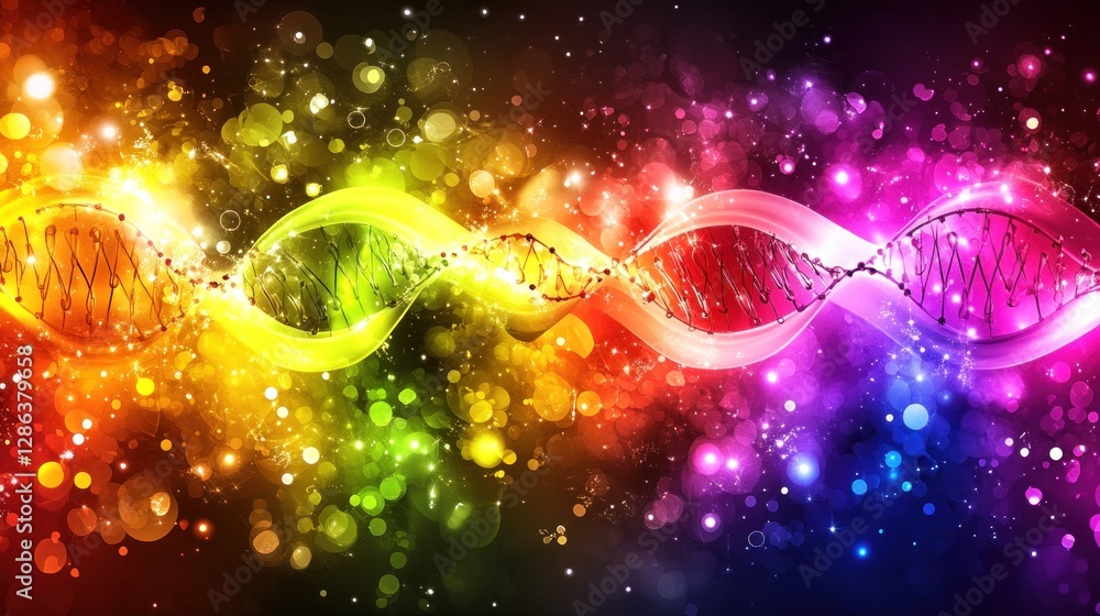 Aufkleber Rainbow DNA helix glows; sparkling background; science concept