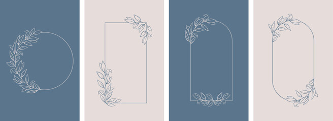 Set of hand drawn vector flower frame, tropical leaves, floral border, wildflower, eucalyptus wreath, branches. Ornament of botanical silhouette element vector. Nature card in minimal line style