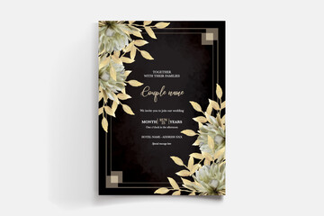 WEDDING INVITATION FRAME WITH FLOWER DECORATIONS AND FRESH LEAVES 