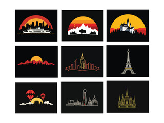 World Famous Landmarks and City Skylines Silhouette Set
