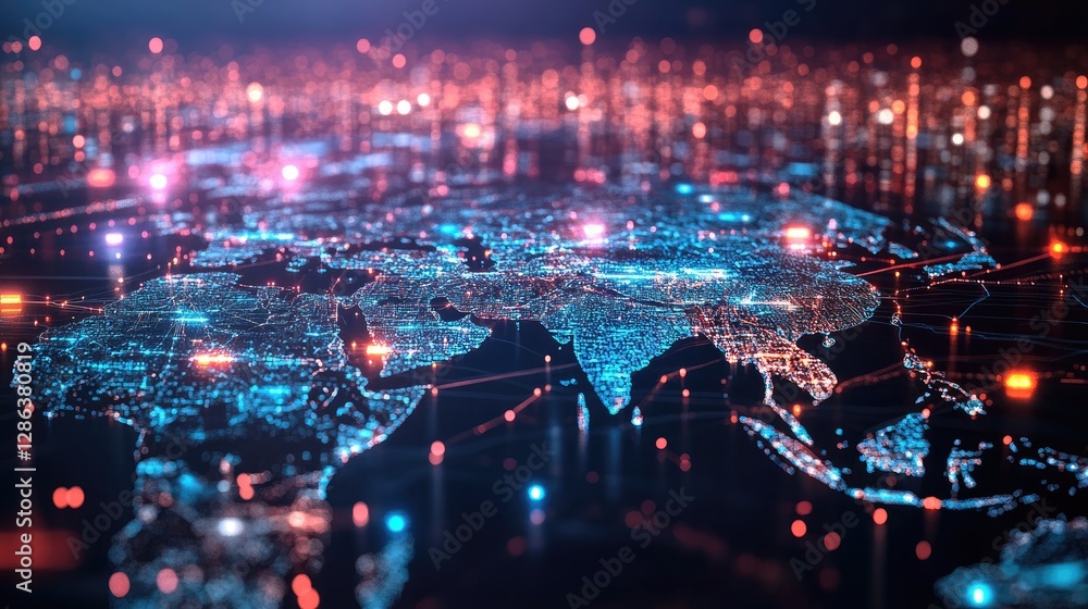 Poster futuristic networked world map visualization with glowing effects