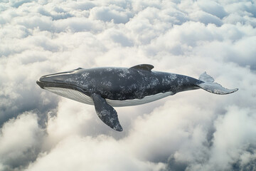 Fototapeta premium Majestic flying whale glides effortlessly among fluffy white clouds in a breathtaking sky