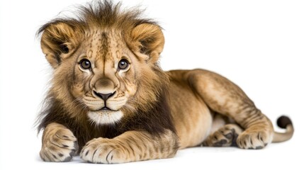 Obraz premium Young lion resting gracefully on a white background, showcasing its majestic features and playful demeanor